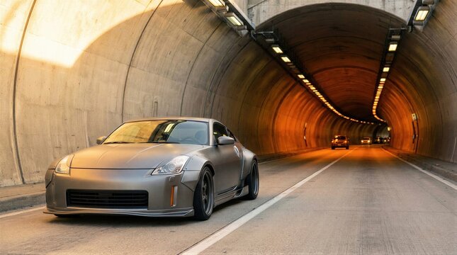 Tuned gray car sports coupe parked inside concrete tunnel perspective. High fidelity automotive vehicle customization for auto show concept.
