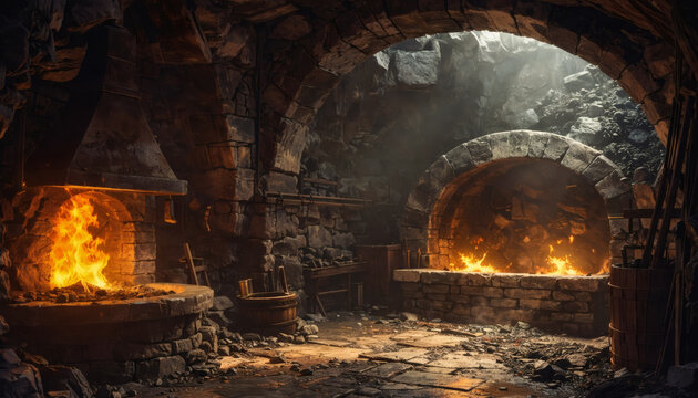 Medieval Blacksmith Forge Inside a Stone Workshop