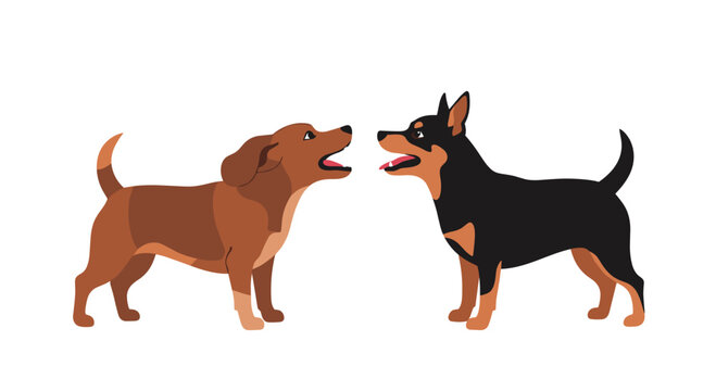 Two stylized dogs, one brown and one black and tan, are facing each other with open mouths as if barking on a clean white background.