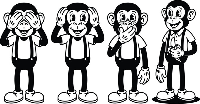 Retro cartoon rubber hose four monkey characters showing see no evil hear no evil speak no evil and holding banana
