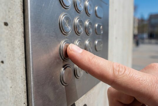 Close up of a finger pressing a button on a metallic outdoor intercom or security keypad