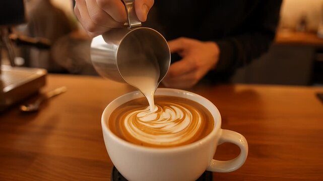 Barista Pouring Milk into Latte, Creating Latte Art on Wood Counter