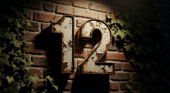 A rusty number 12 on a brick wall with green ivy
