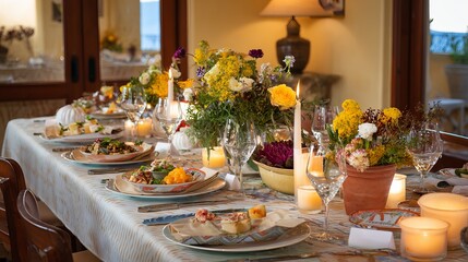 Fototapeta premium Dinner table, decorated with nice dishes, candles, and flowers, suits a wedding or fancy party.