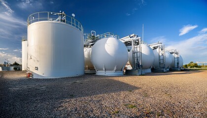 industrial energy infrastructure and renewable fuel storage technology large white biomethane tanks low angle commercial production facility
