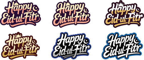 Fototapeta premium Happy Eid Mubarak colorful vector collection. Festive Islamic greeting typography set with decorative lettering styles for Eid celebration design