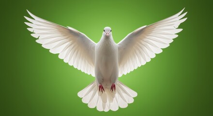 Fototapeta premium Majestic White Dove with Wings Spread, Symbol of Peace and Freedom on Green Background
