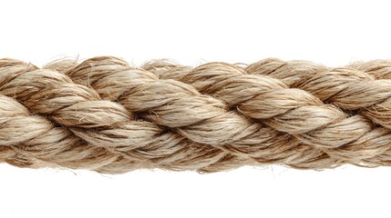 Fototapeta premium Close-up of a thick, natural fiber rope with a braided texture, isolated on a white background.
