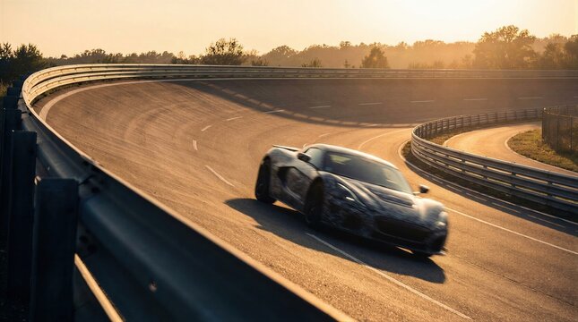 Tuned prototype car on a high-speed test track during sunset. Automotive development and performance testing for future vehicle design.