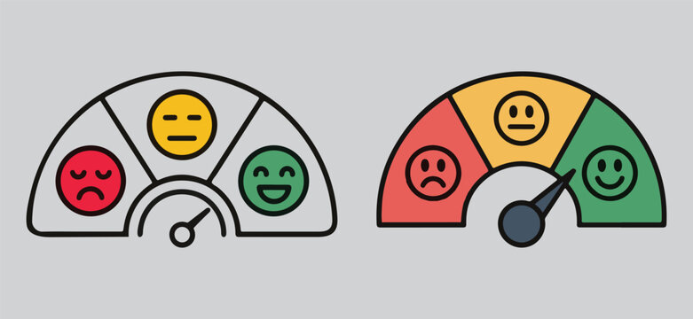 Customer satisfaction gauge icon with three colored emoji faces and performance meter, Satisfaction customer feedback meter with sad, neutral, happy emotions. Vector thin line icon