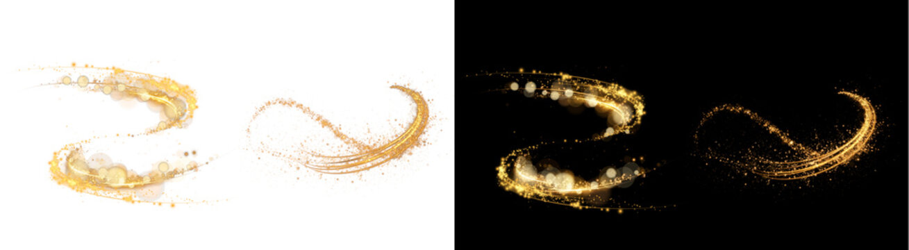 PNG image of&nbsp;Twirling golden light streak with sparkling dust creating a mesmerizing abstract festive swirl on transparent background