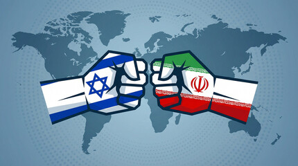 Israel and Iran fists with flags on a world map background