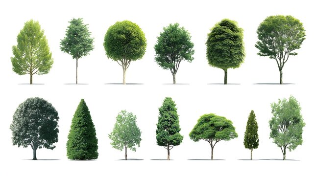 Collection of various green trees isolated on a white background, showcasing different shapes and sizes of foliage.