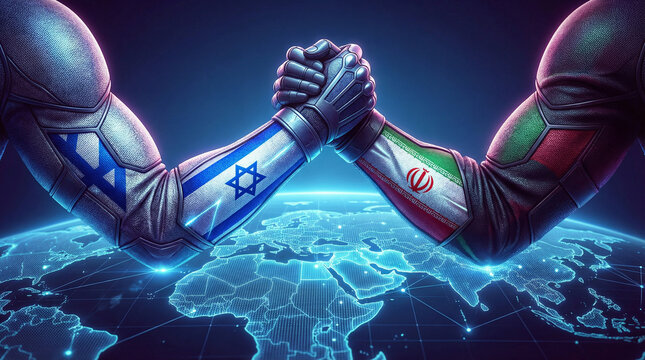 Arm wrestling match between Israel and Iran on a global map background