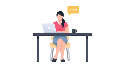 Fototapeta premium A woman sitting at a desk working on a laptop with a coffee mug and a speech bubble.