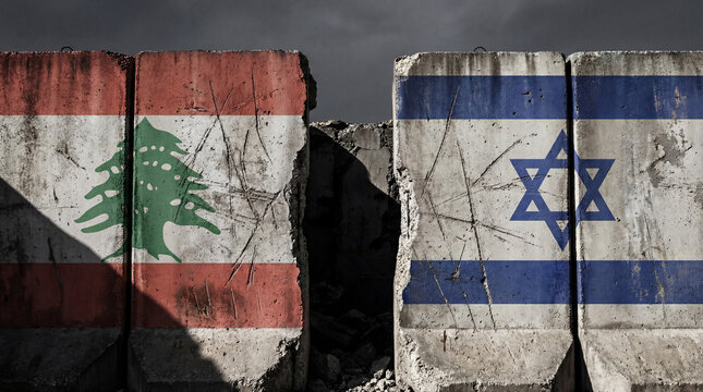 Lebanon and Israel flags on broken concrete wall under dark sky