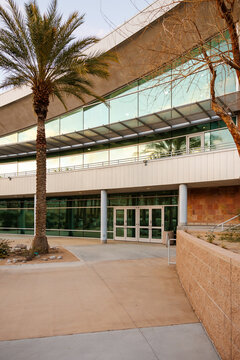 View of the entrance at the University of California, Riverside, UCR Palm Desert Center at dusk on March 3, 2026, in Palm Desert, California.