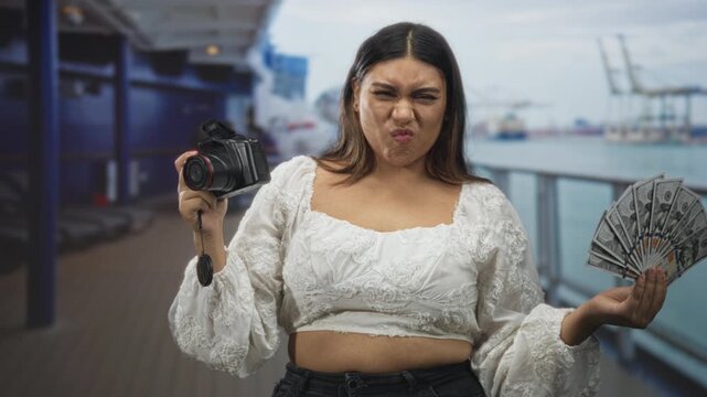 Woman holding dslr camera and fanned us dollars, puckering lips on building deck; confidence monetization hustle.