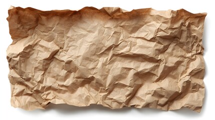 Obraz premium Crumpled brown paper with burnt edges on a white background, top view, copy space.