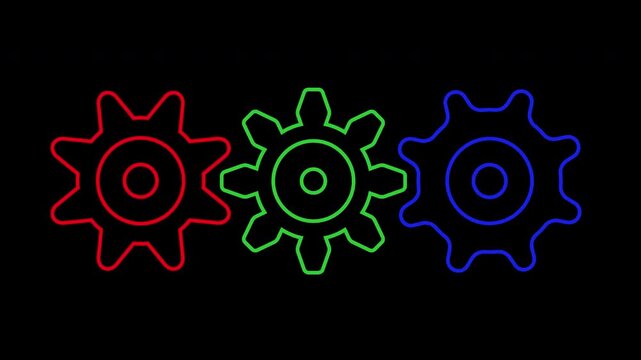Color cogwheels spinning outline alpha channel isolated animation motion graphics. Gears running 4k video to use for technology, business, mechanics, engineering video projects. 