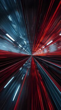 Abstract futuristic light trails speeding through a dark tunnel with glowing red and blue neon lines representing hyper speed and fast data transfer (Vertical Video)