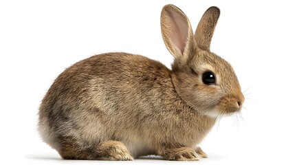 Fototapeta premium Cute brown rabbit with long ears and fluffy tail sitting on a white background.