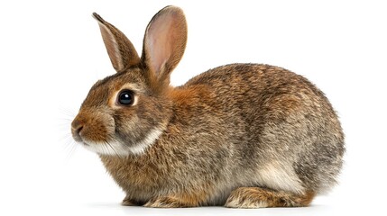 Obraz premium Cute brown rabbit with long ears sitting on a white background.