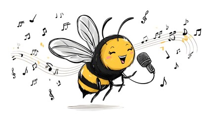 Cute Cartoon Bee Singing with Microphone and Musical Notes.