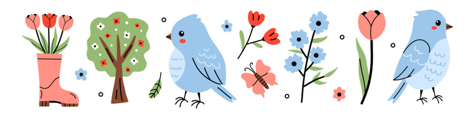 Vector set of cute spring garden elements with tulip bouquet in rain boot, blooming tree, flowers, blue bird, butterfly. Playful seasonal illustration for card, banner, sticker, children book.