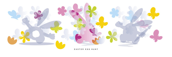 Easter egg hunt pastel color greeting card. Easter bunny egg hunt. Beautiful colorful rabbits with all around overlapping spring symbols butterfly and flowers on eggs white background © simbos