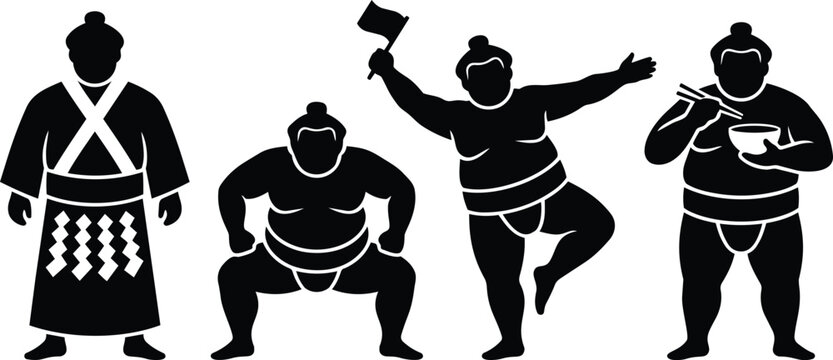 Flat vector silhouette sumo wrestlers in traditional mawashi poses bowing dancing eating holding flag and standing stern black on white