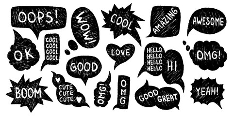 Vector set of hand drawn scribble speech bubbles with phrases wow, cool, omg, yeah, ok, boom, oops, love, good, awesome. Grunge comic chat balloon collection for sticker, poster, social media design.