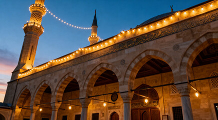 Fototapeta premium Low angle view of a beautiful mosque with illuminated minarets and string lights at twilight