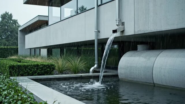 Rainwater flowing from modern building's downspout into garden pond.