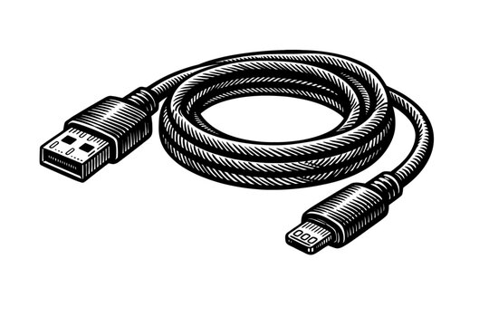 Premium USB A to Lightning Charging and Sync Cable for Apple iPhone, iPad, and iPod Devices, Featuring a Classic Coiled Design in an Exquisite Black and White Engraving Style Woodcut Illustration. Ess