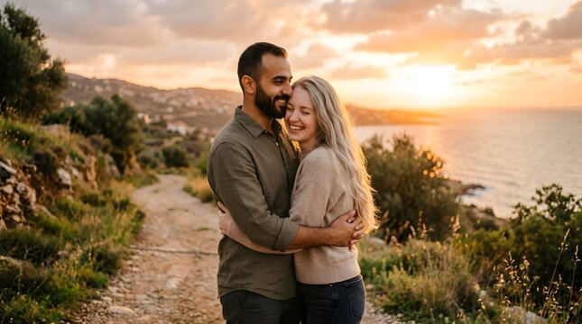 young couple hugging Golden hour outdoor portrait Lebanese husband with warm olive skin embracing Ukrainian wife with very fair skin and long ash-blonde hair in sunset glow