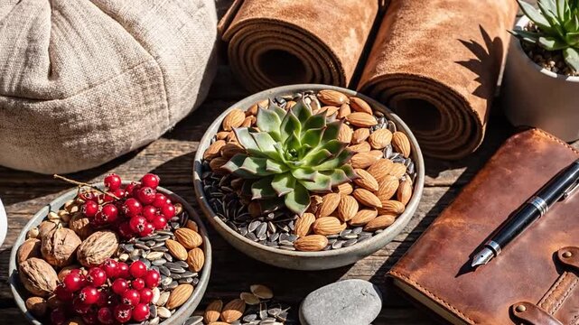 Wellness essentials on rustic wooden table in natural light