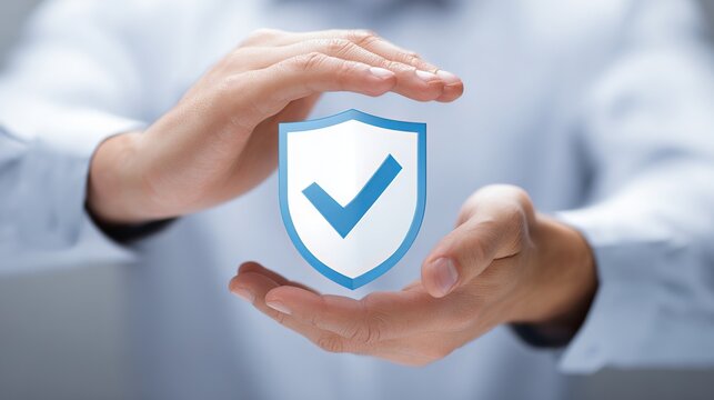 Hands with shield and checkmark show safety, protection, and approval. Life insurance is also a part of this.