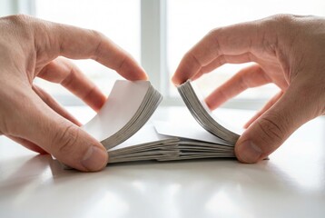 Hands shuffling a deck of blank white cards on a bright table