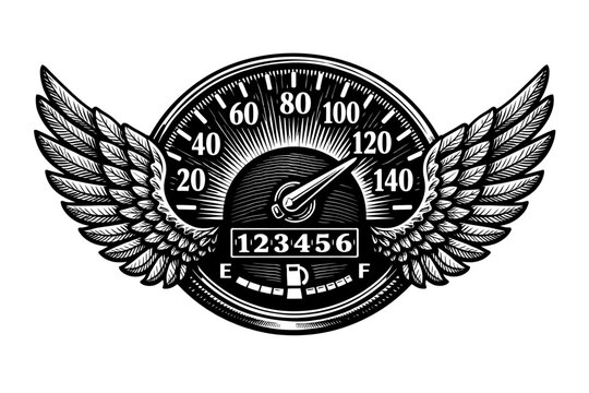 Vintage engraved speedometer with bold feathered wings, classic fuel gauge, and '123456' odometer. This monochrome illustration symbolizes high-speed adventures, open-road freedom, perfect for retro a