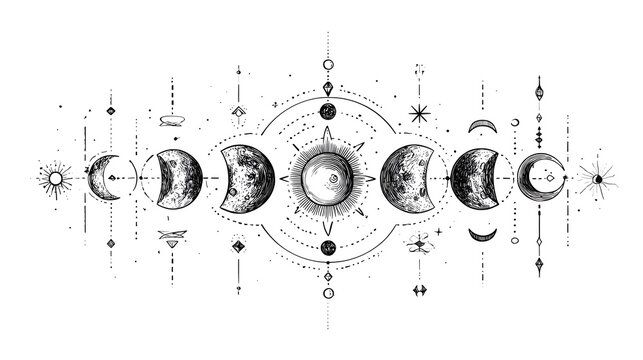 Detailed Moon Phases Illustration with Celestial Ornaments and Cosmic Elements.