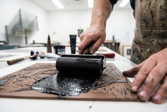 Artist rolling thick black ink onto a carved wooden block with a rubber brayer for printmaking