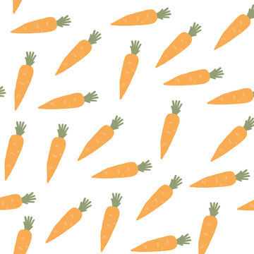 Art & Illustration Flat vector vegetable pattern with carrots and tomatoes, seamless food background