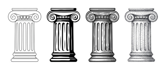 Plakat Four ancient Ionic columns illustrated in different graphic styles including line art, engraving, woodcut, and stippling, showcasing a classical architectural element