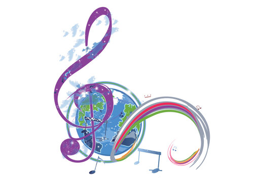Abstract musical design with a treble clef and Planet Earth, colorful splashes, notes and waves.  Planet music. Hand drawn vector illustration.