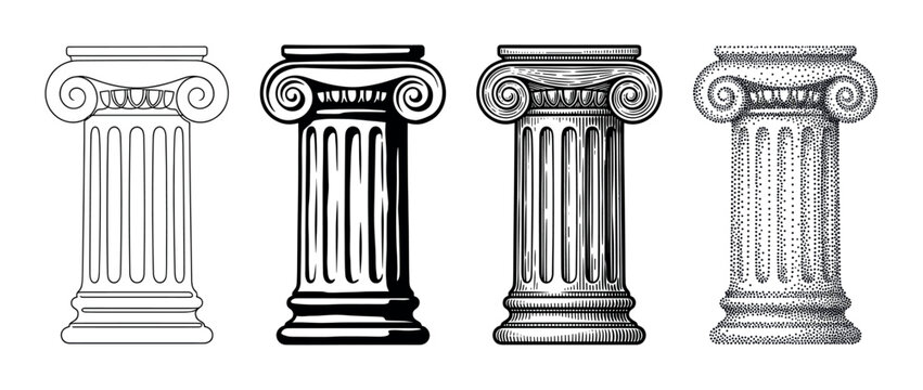 Four ancient Ionic columns illustrated in different graphic styles including line art, engraving, woodcut, and stippling, showcasing a classical architectural element