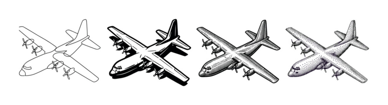 Four military transport aircraft illustrations in different artistic styles including line art, silhouette, engraving, and stippling, showing a turboprop cargo plane