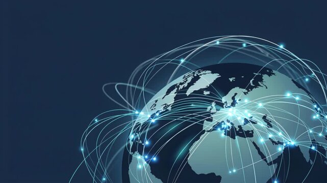 Orbital global network globe map connecting cities with light trails and glowing nodes symbolizing connectivity digital communication and data