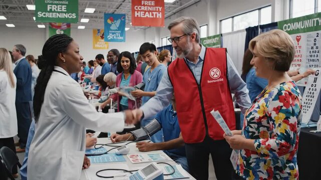 Healthcare professionals providing free health screenings and check-ups at a community health fair event with volunteers assisting.