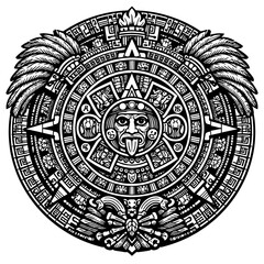 Naklejka premium Detailed black and white Aztec calendar stone vector illustration featuring intricate Mesoamerican iconography, the Sun God Tonatiuh with a protruding tongue, complex glyphs, and feathered headdress e